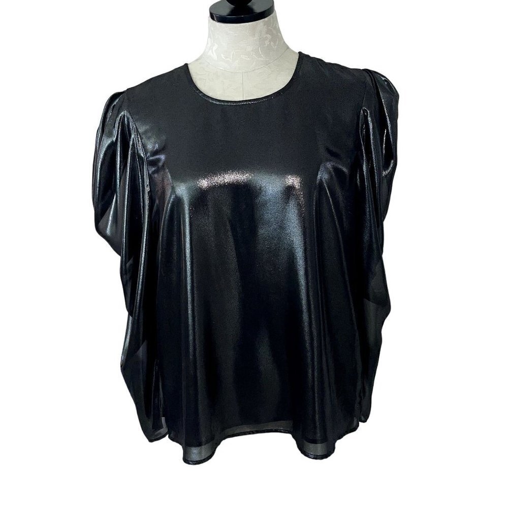 Calvin Klein Womens Blouse Size Medium Silver Foiled Wet Look Puff Sleeve New